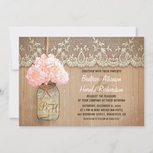 rustic country mason jar pink hydrangea wedding announcements