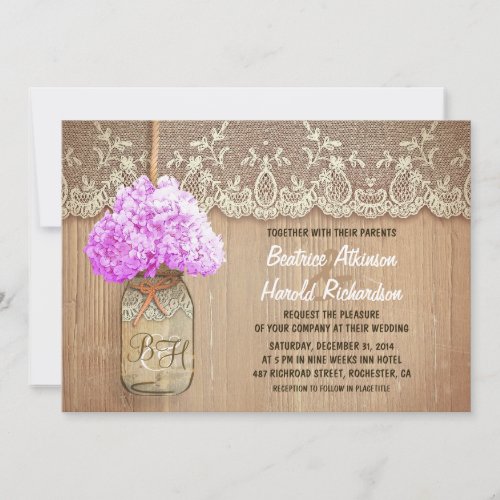 rustic country mason jar purple hydrangea wedding invites