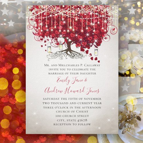 Rustic Country Mason Jar Red  Silver Tree Wedding Invitation