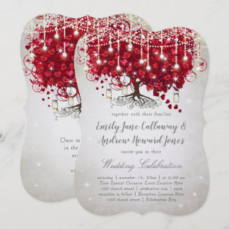 Rustic Country Mason Jar Red & Silver Tree Wedding Invitation