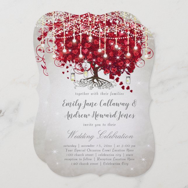 Rustic Country Mason Jar Red & Silver Tree Wedding Invitation (Front/Back)