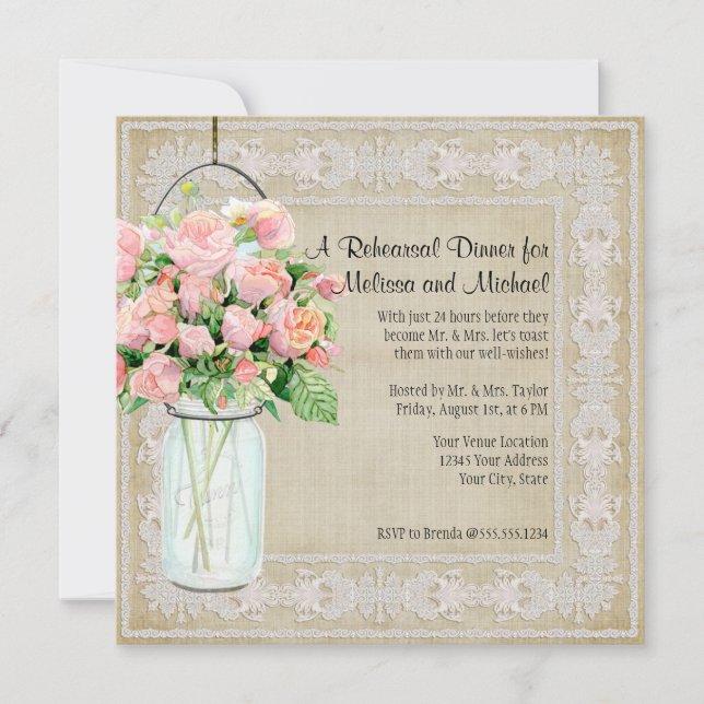 Rustic Country Mason Jar Roses Rehearsal Dinner  Invitation (Front)