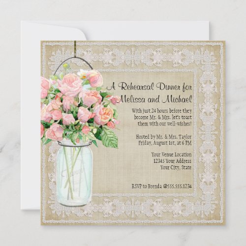 Rustic Country Mason Jar Roses Rehearsal Dinner  Invitation