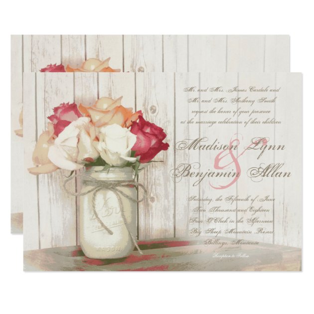 Rustic Country Mason Jar Roses Wedding Invitations