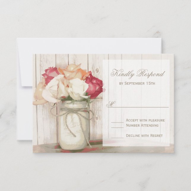 Rustic Country Mason Jar Roses Wedding RSVP Cards (Front)