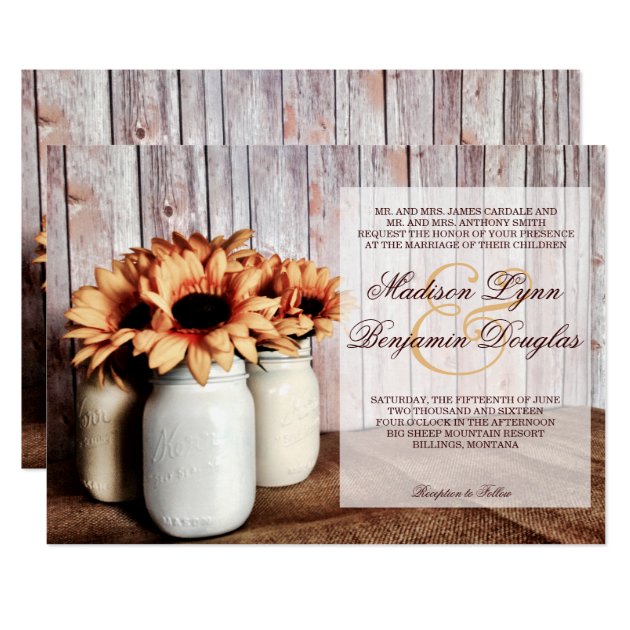 Rustic Country Mason Jar Sunflowers Wedding Invite