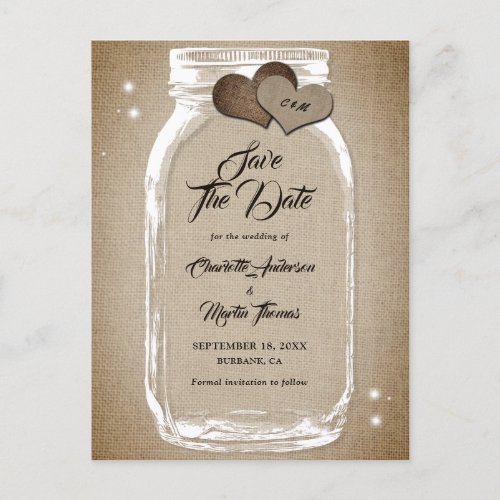 Rustic Country Mason Jar Wedding Save The Date Announcement Postcard