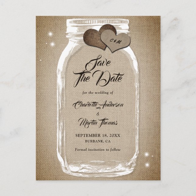 Rustic Country Mason Jar Wedding Save The Date Announcement Postcard (Front)