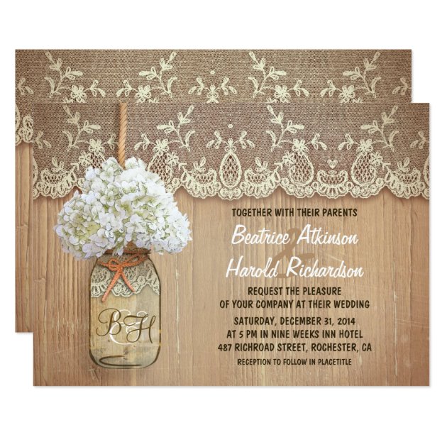 Rustic Country Mason Jar White Hydrangea Wedding Invitation