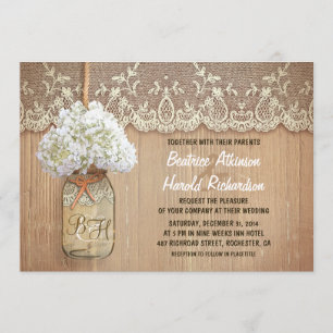 rustic country mason jar white hydrangea wedding invitation