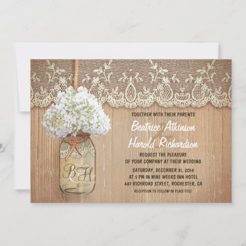 rustic country mason jar white hydrangea wedding invitation