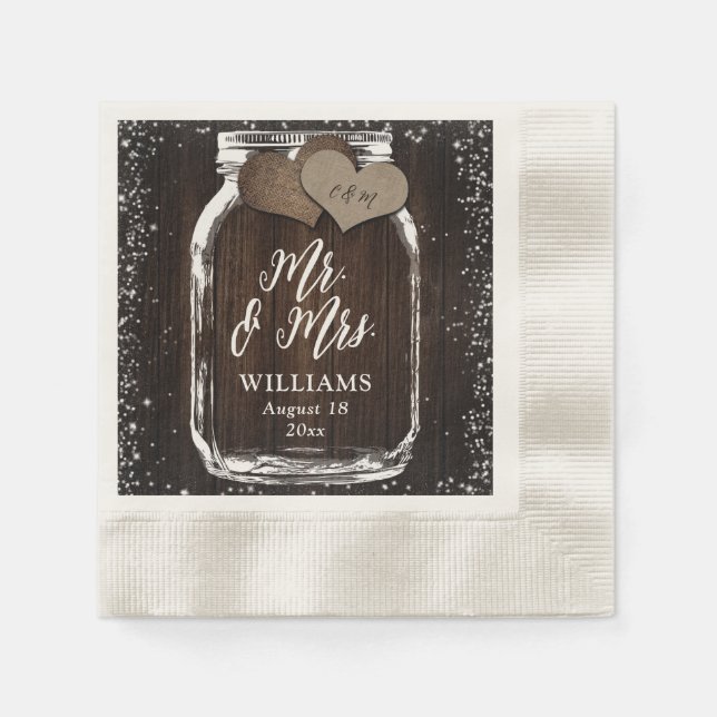Rustic Country Mason Jar Wood Mr. & Mrs. Wedding Napkins (Front)