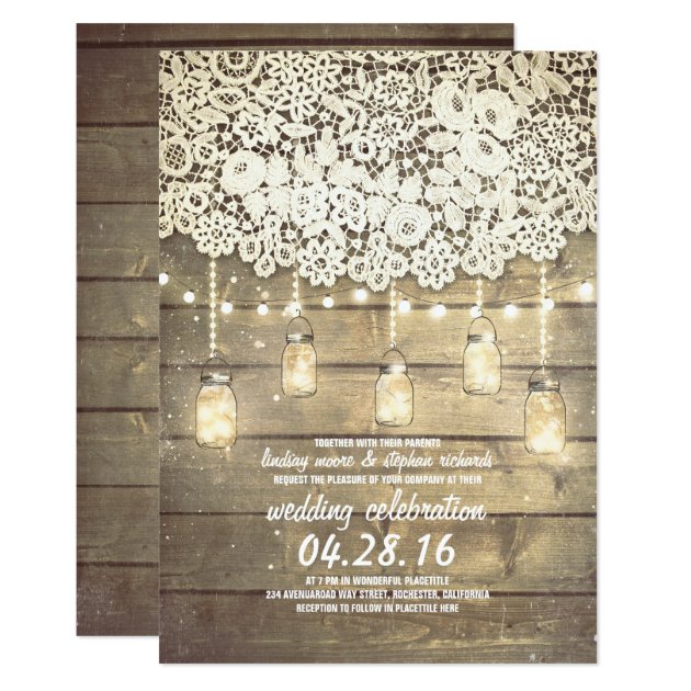 Rustic Country Mason Jars Lights Lace Wood Wedding Invitation