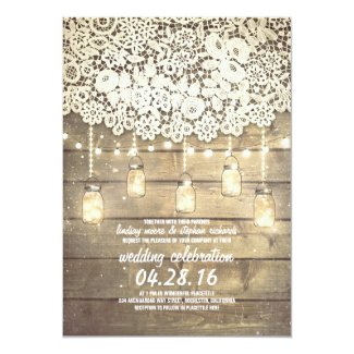 Rustic Country Mason Jars Lights Lace Wood Wedding Card