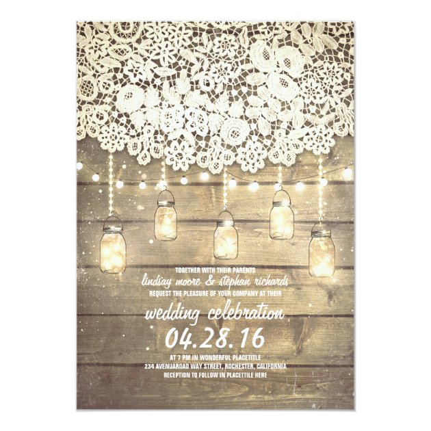 Rustic Country Mason Jars Lights Lace Wood Wedding Invitation