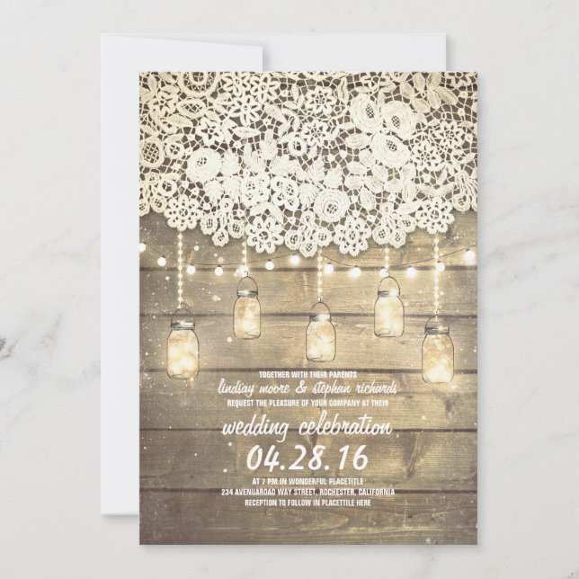 Rustic Country Mason Jars Lights Lace Wood Wedding Invitation (Front)