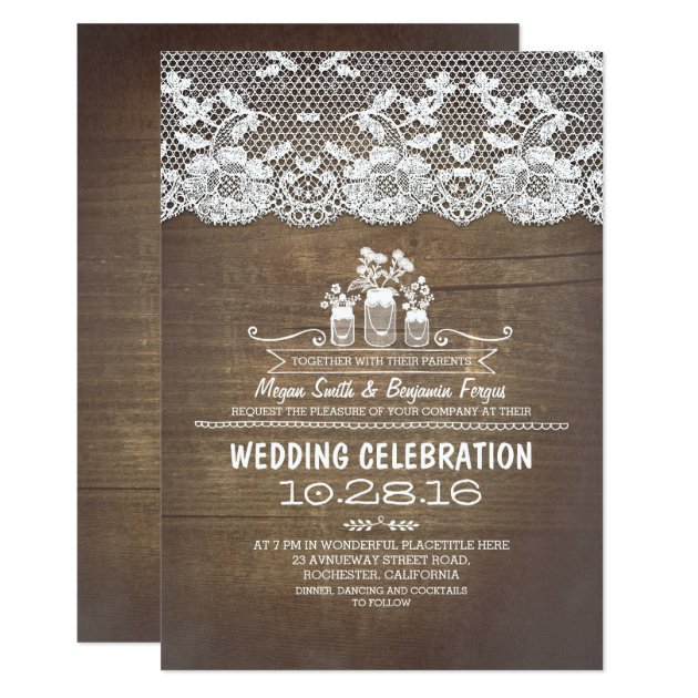 Rustic Country Mason Jars Wood Lace Wedding Invite