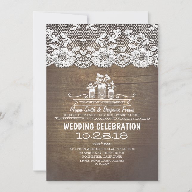 Rustic country mason jars wood lace wedding invite (Front)