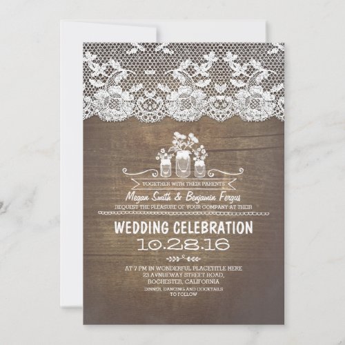 Rustic country mason jars wood lace wedding invite