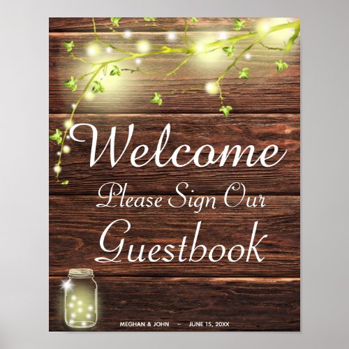Rustic Country Mason String Lights Guestbook Sign
