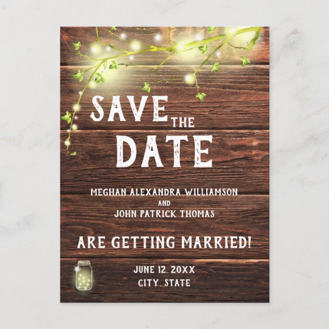 Rustic Country Mason String Lights Save The Date Postcard (Front)