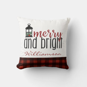 Rustic Country Merry and Bright Christmas Name Throw Pillow