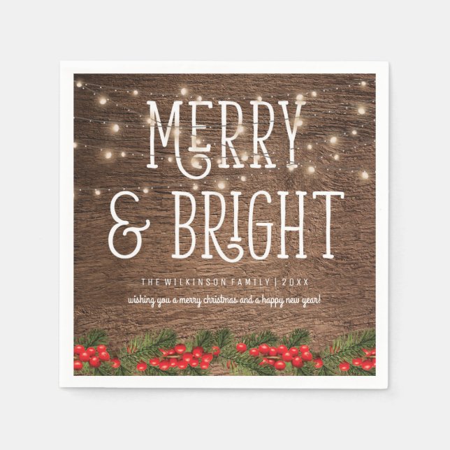 Rustic Country Merry & Bright Christmas Paper Napkins (Front)