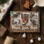 Rustic Country Merry Christmas 5 Photo Holiday Card<br><div class="desc">Country themed christmas holiday card featuring a rustic wood background,  a 5 collage photo template for you to personalize,  festive holly,  a snow shower,  the words "peace,  love,  hope" in a calligraphy typeface and your seasons greetings underneath.</div>