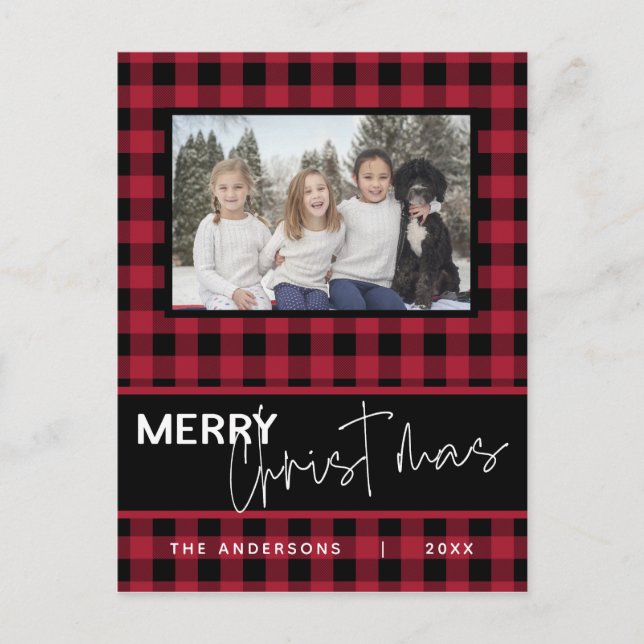 Rustic Country Merry Christmas Plaid Photo Postcard (Front)
