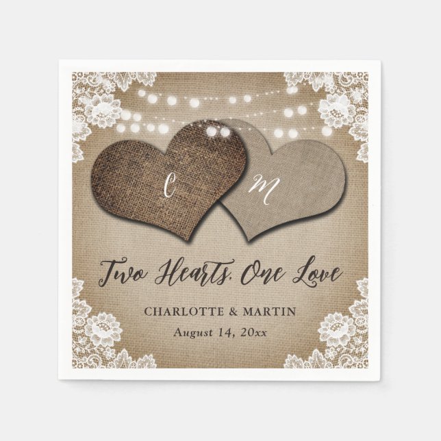 Rustic Country Monogram Burlap and Lace Wedding Napkins (Front)