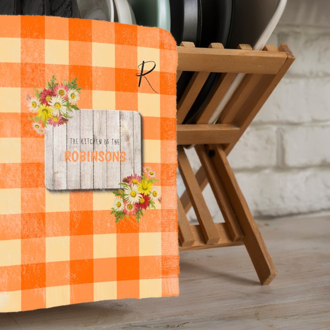 Rustic country monogram family name orange gingham kitchen towel (Creator Uploaded)