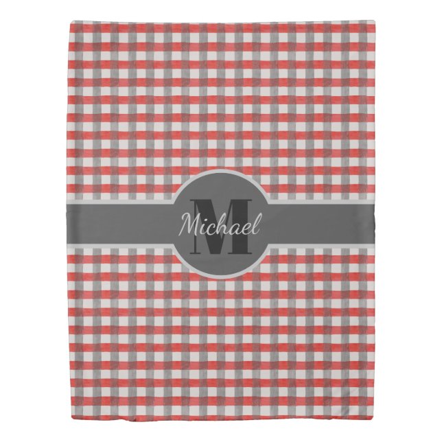 Rustic Country Monogram Red Black Plaid Duvet Cover (Front)