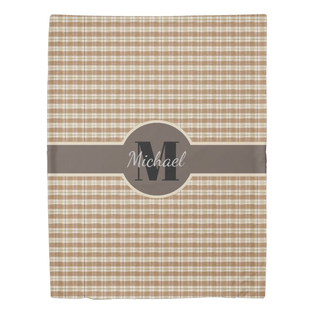Rustic Country Monogram Tan Brown Plaid Duvet Cover (Front)