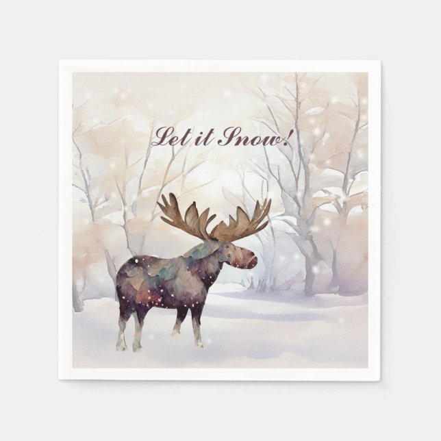Rustic Country Moose in a Snowy Woods Christmas Napkins (Front)