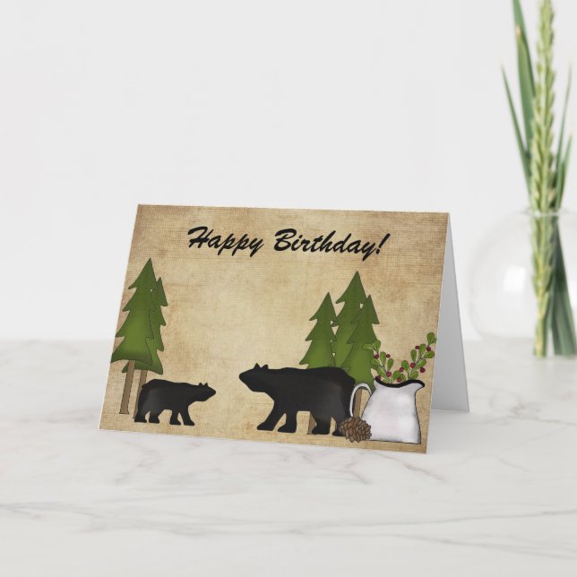 Rustic Country Mountain Bears Happy Birthday Card (Front)