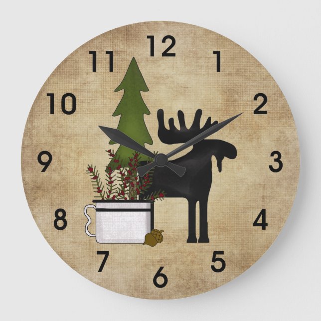 Rustic Country Mountain Silhouette Moose Large Clock (Front)