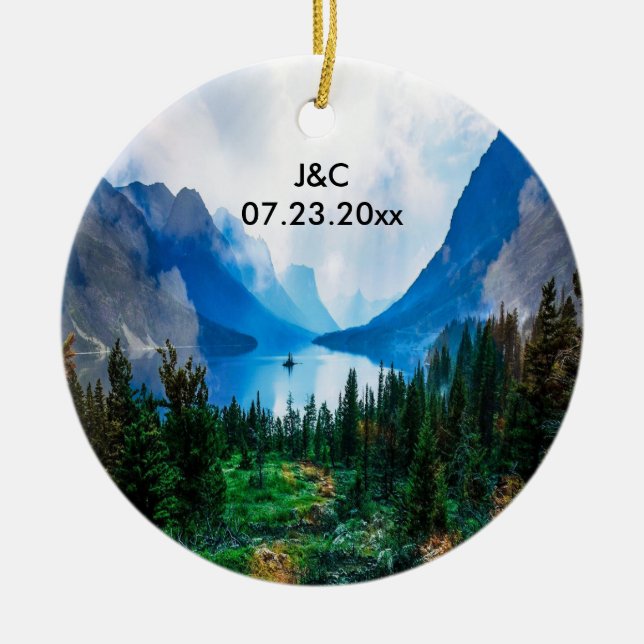 Rustic Country Mountains Scenic Nature Anniversary Ceramic Ornament (Front)