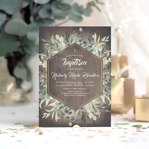 Rustic Country  Natural Garden Greenery Baptism Invitation