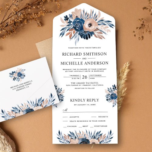 Rustic Country Navy Blue and Beige Floral Wedding All In One Invitation
