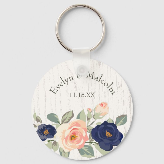 Rustic Country Navy Blue and Peach Floral Keychain (Front)