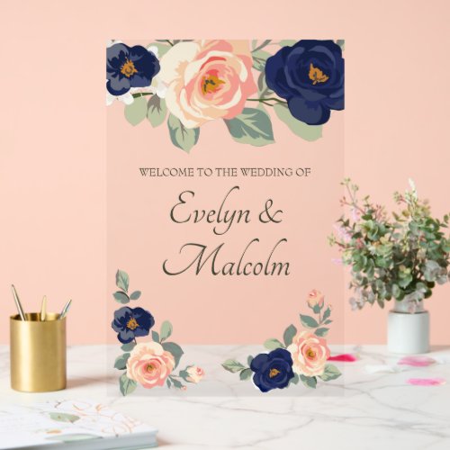 Rustic Country Navy Blue and Peach Floral Wedding Acrylic Sign