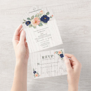 Rustic Country Navy Blue and Peach Floral Wedding All In One Invitation