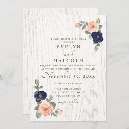 Rustic Country Navy Blue and Peach Floral Wedding Invitation