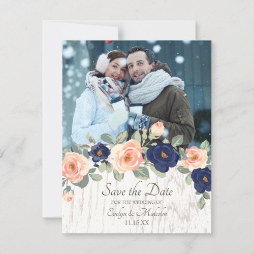 Rustic Country Navy Blue and Peach Floral Wedding Invitation