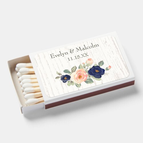 Rustic Country Navy Blue and Peach Floral Wedding Matchboxes