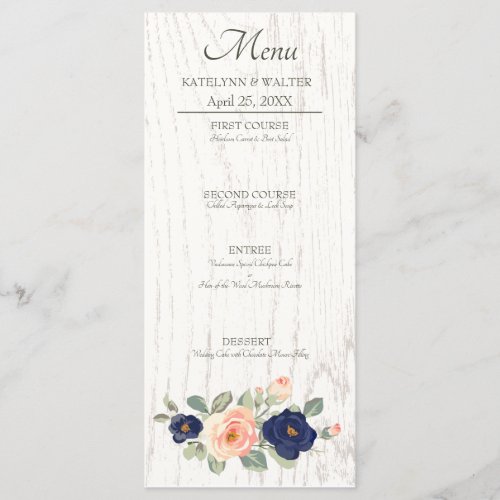 Rustic Country Navy Blue and Peach Floral Wedding Menu