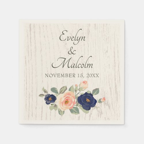 Rustic Country Navy Blue and Peach Floral Wedding Napkins