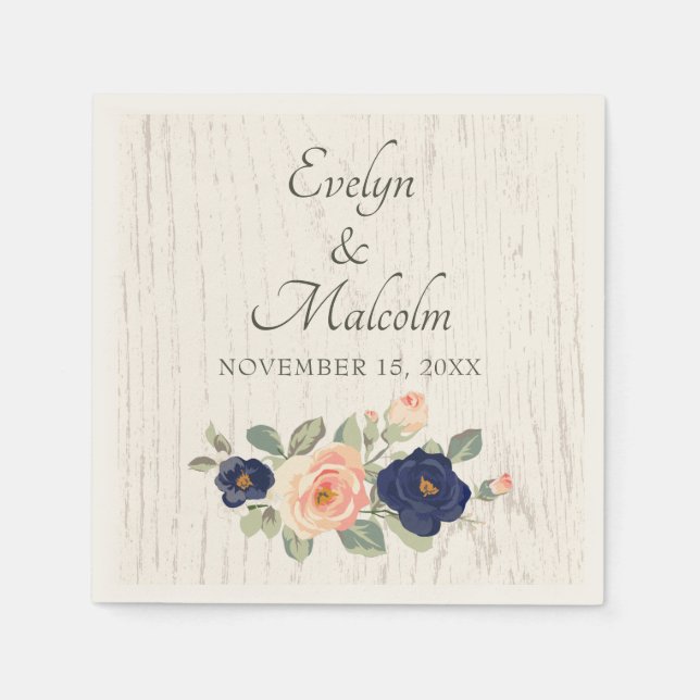 Rustic Country Navy Blue and Peach Floral Wedding Napkins (Front)