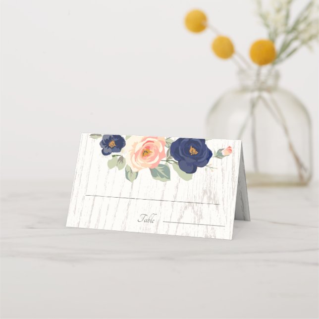 Rustic Country Navy Blue and Peach Floral Wedding Place Card (Front)