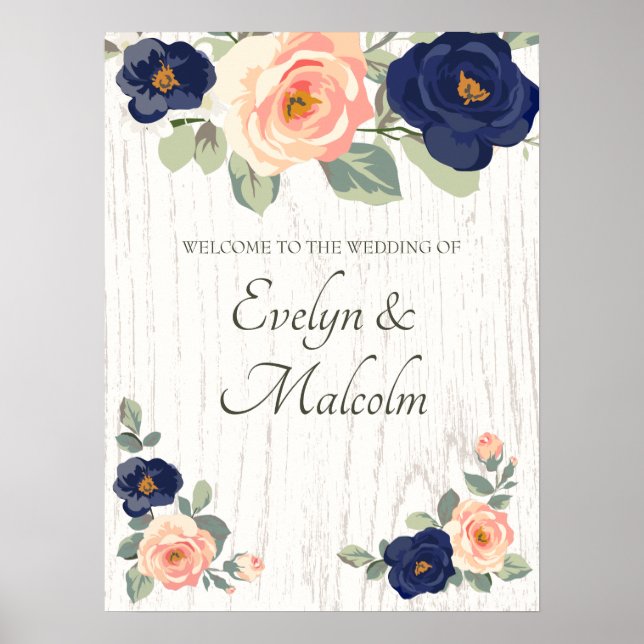 Rustic Country Navy Blue and Peach Floral Wedding Poster (Front)